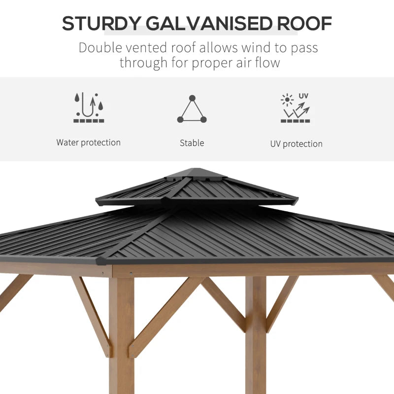 Outsunny 11' x 11' Wood Frame Hardtop Gazebo Galvanized Steel Canopy Outdoor Shelter with Double Vented Roof for Garden, Lawn, Poolside, Black