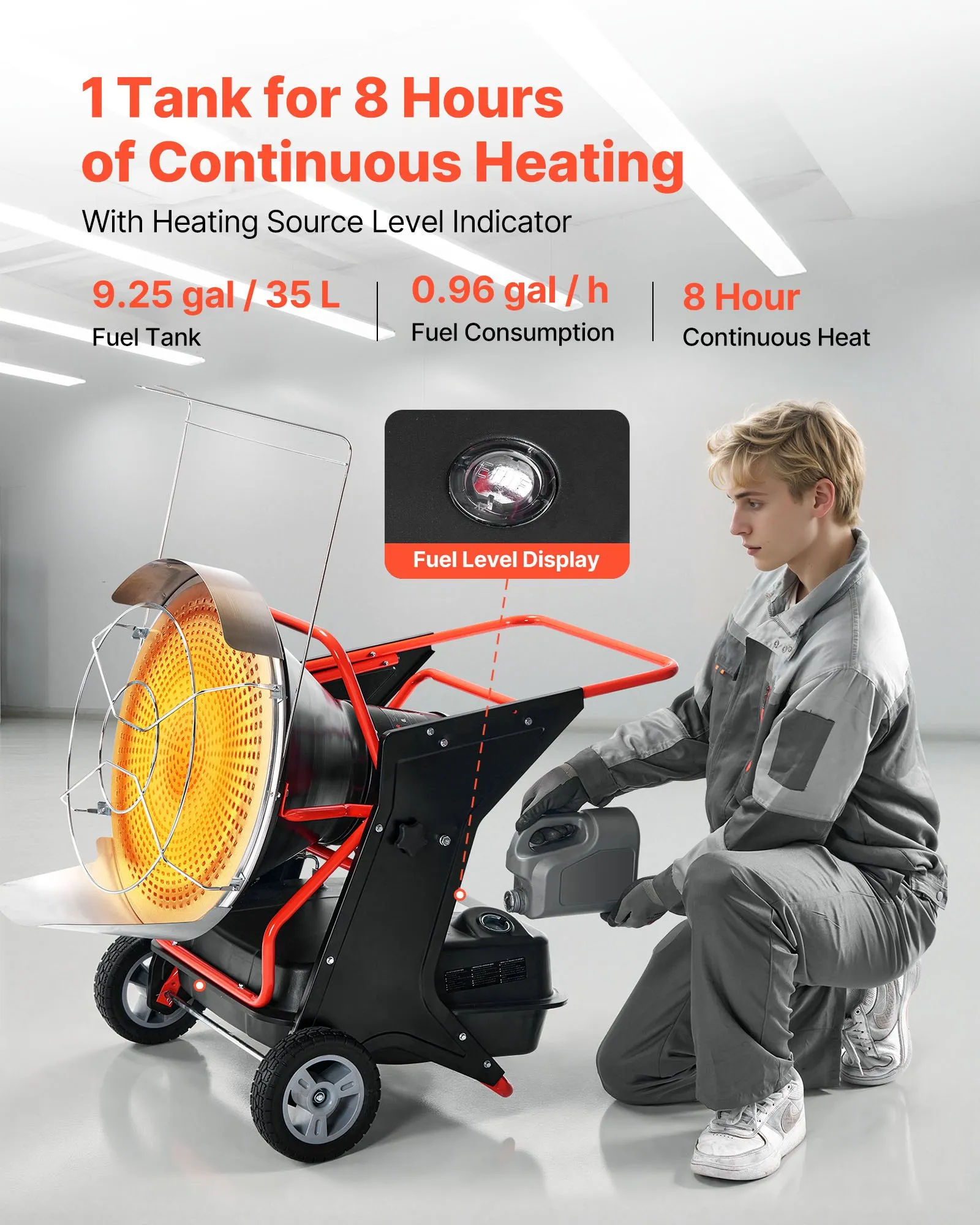 VEVOR 125,000 BTU Radiant Kerosene Diesel Heater, Portable Industrial Space Heater with Adjustable Temp & Wheels, Ideal for Jobsite, Garage, Warehouse, Workshop Construction Heating, Black