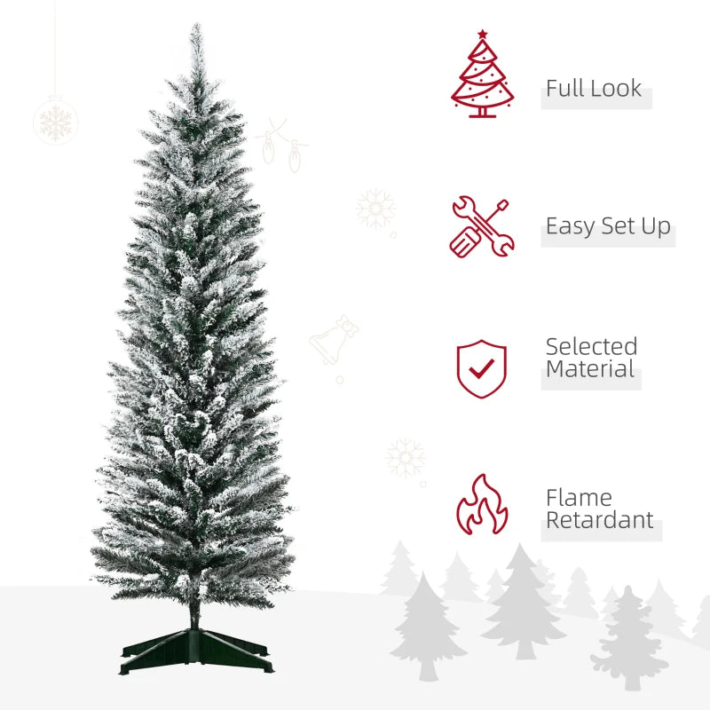 HOMCOM 5ft Pencil Artificial Christmas Tree with Snow Flocked Branches, Slim Green Holiday Decor