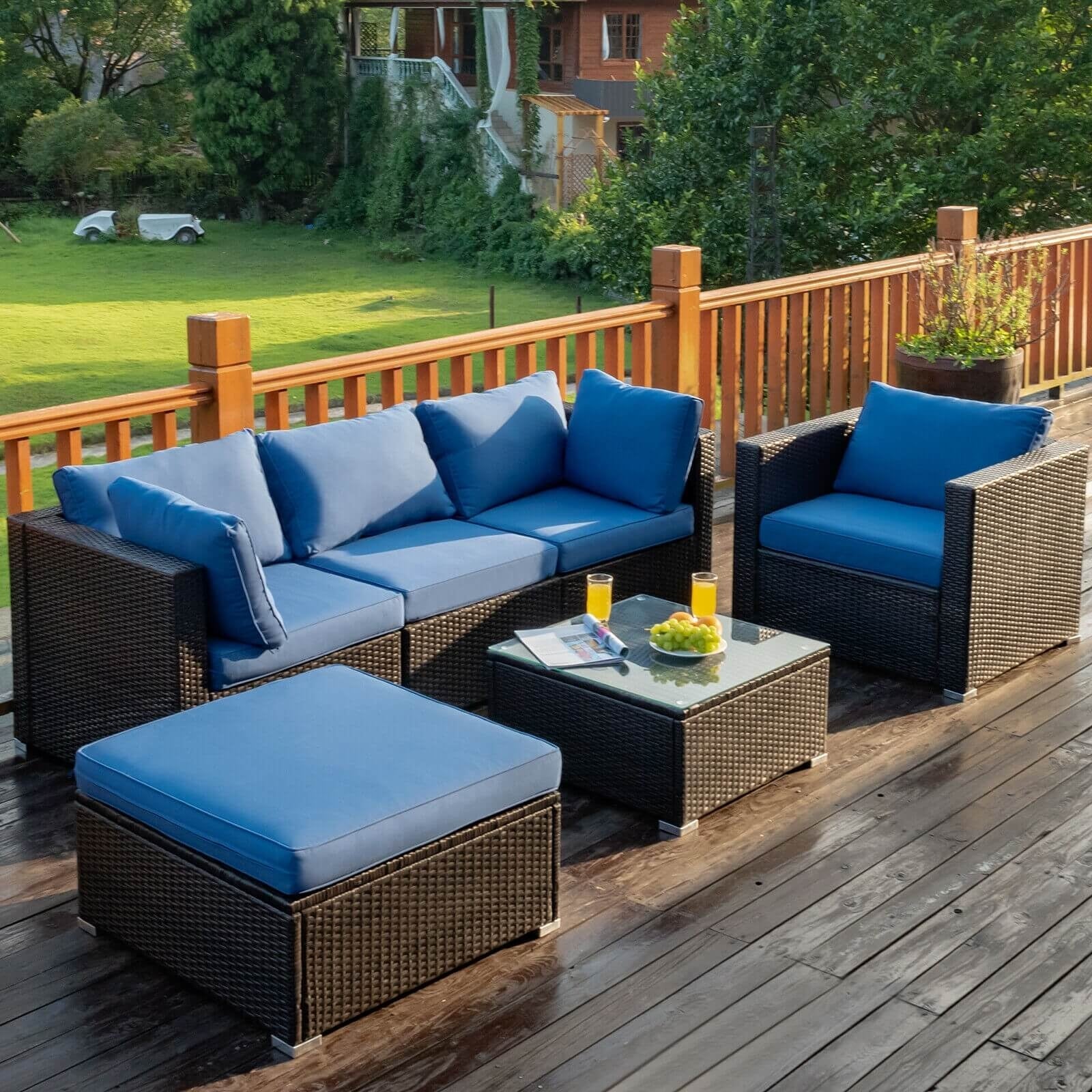 6 Pieces Patio Rattan Furniture Set with Sectional Cushion-BlueÂ