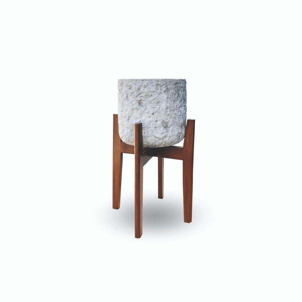 Roma Mid-Century Rock Planter With Wooden Stand
