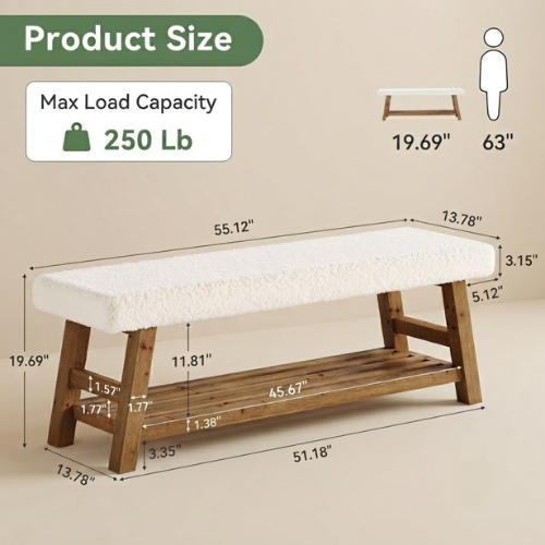 55" Upholstered Entryway Bench, 2-Tier Shoe Storage Bench with Solid Wood Frame and Cushion, White & Brown