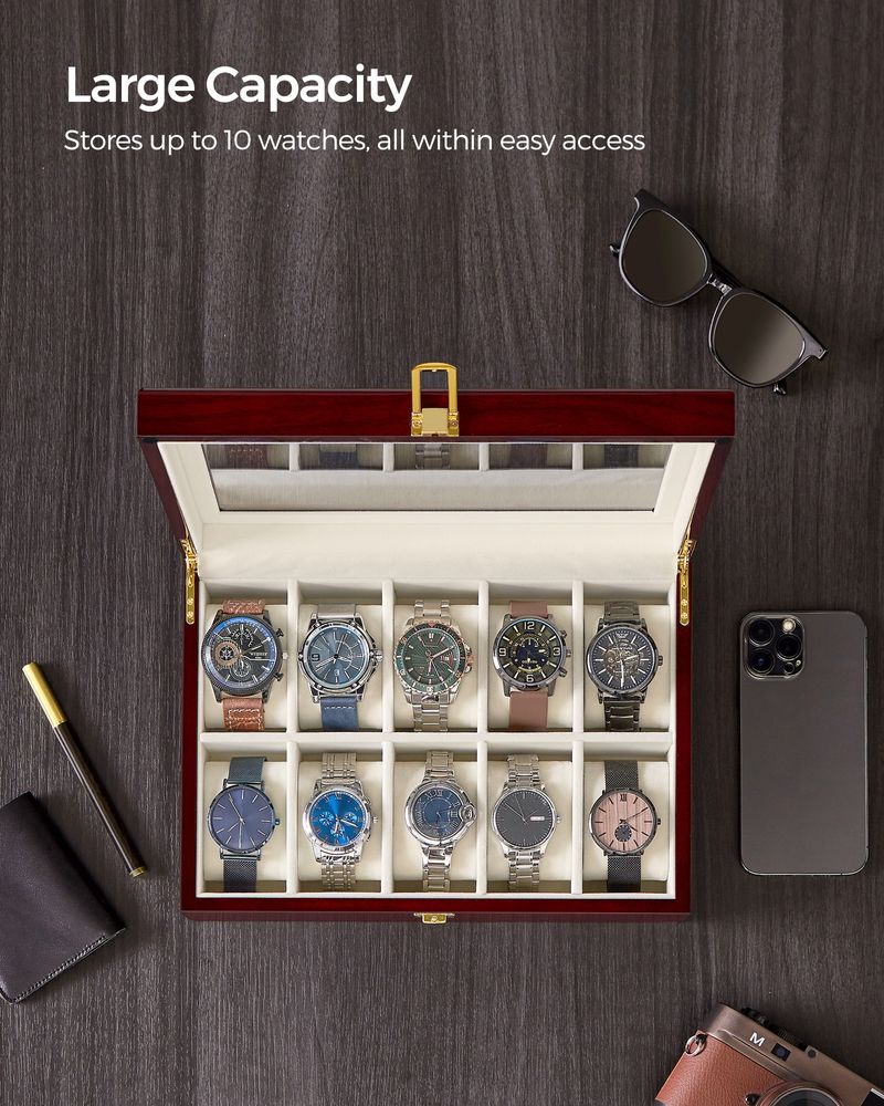 SONGMICS 10-Slot Watch Case with Large Glass Lid