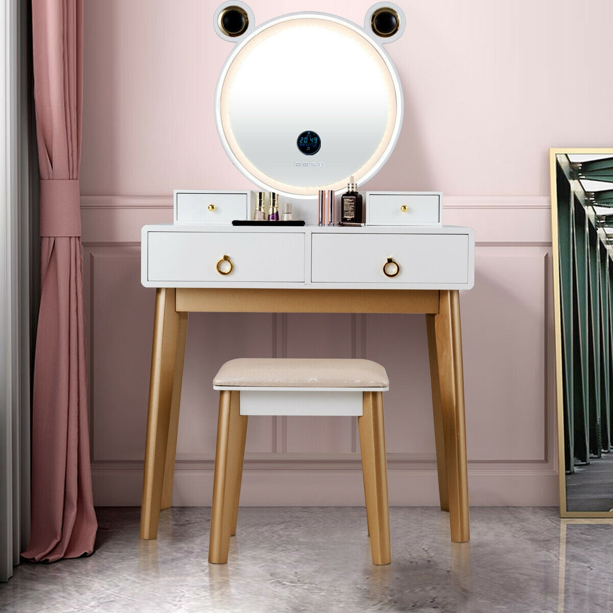 Vanity Set with 3-Color Lighted Touch Screen Dimming Mirror and 4 DrawersÂ