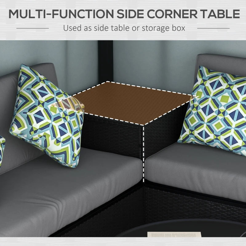 Outsunny Patio Furniture Set with Gazebo, Outdoor PE Rattan Wicker Conversation Sofa with Storage Corner Table, Cushion, for Backyard, Porch, Poolside, Balcony, Grey