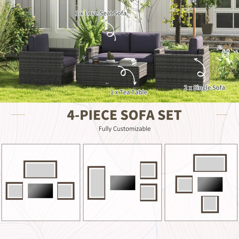 Outsunny Outdoor Furniture with Table, Wicker Furniture with Loveseat and 2 Chair for Garden, Poolside, Grey