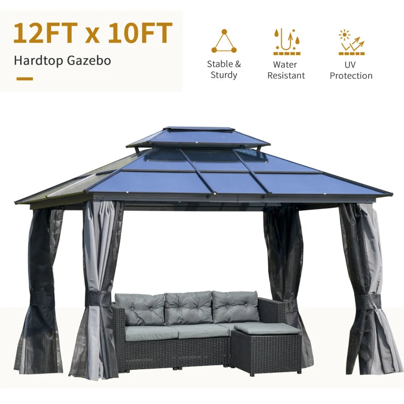 Outsunny 10'x12' Hardtop Patio Gazebo Aluminum Gazebo Canopy with Double Tier Roof, Curtains, Netting Sidewalls, Black & Grey