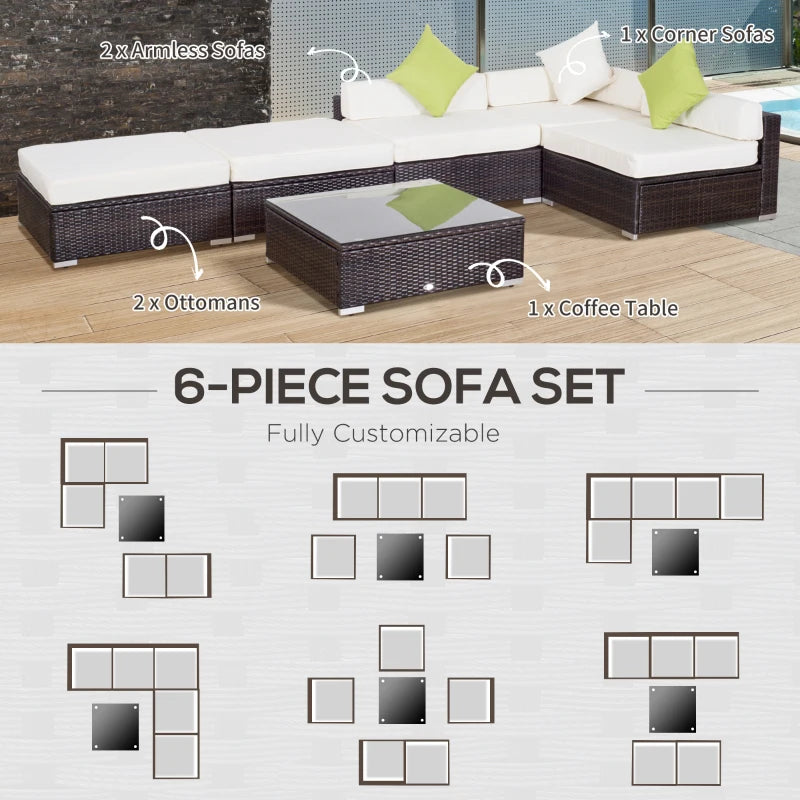 Outsunny 6 Pieces Patio Furniture Set, Deluxe Garden Wicker Sectional Sofa Set Outdoor Patio Sofa Furniture All Weather Resistant w/Cushion Seat for Porch Garden Poolside Balcony