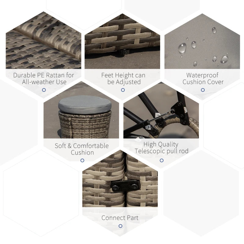 Outsunny 4 Pieces Outdoor Daybed with Retractable Canopy, PE Rattan Wicker Round Sofa Day Bed, Patio Sectional Conversation Furniture Set with Cushions and Pillows, Grey