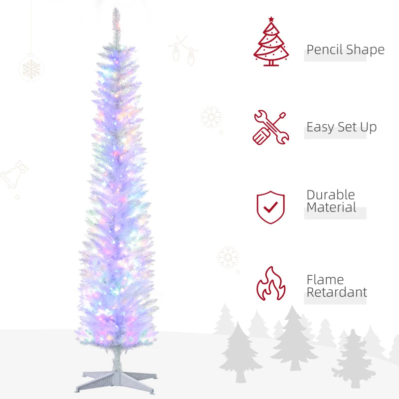 HOMCOM 6ft Pre-Lit Pencil Artificial Christmas Tree – Colourful Surface Tips with Colourful LED Lights, White