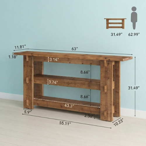 Console Table 63" Solid Wood Farmhouse Sofa Table Behind Couch with 3-Tier Storage Shelves and Heavy Duty Design Rustic Brown