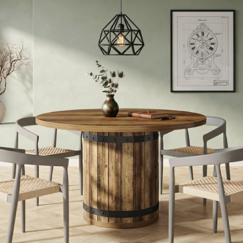 39.37" Round Conference Table Farmhouse Meeting Room Table for 4 with Pedestal Base MDF Wooden Office Dining Table Rustic Brown