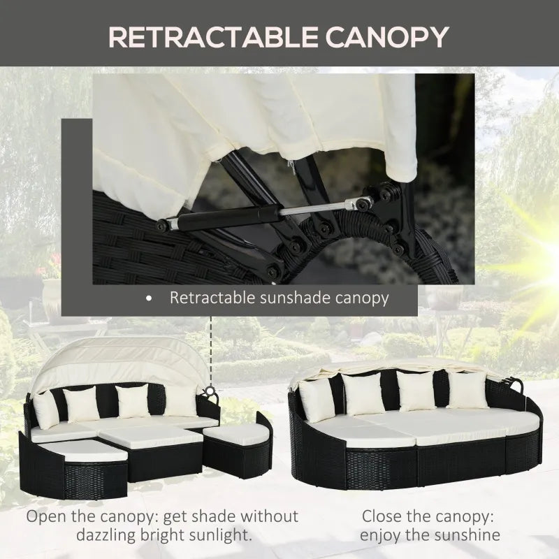 Outsunny 4 Pieces Patio PE Wicker Round Daybed, Outdoor Rattan Garden Lounge Furniture Sets, Cream