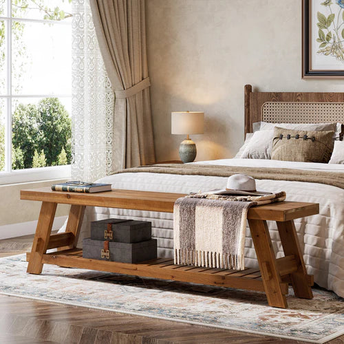 63" Solid Wood Shoe Bench 2-Tier Entryway Bench with Storage Shelf Heavy Duty Seating for Hallway Living Room Rustic Brown