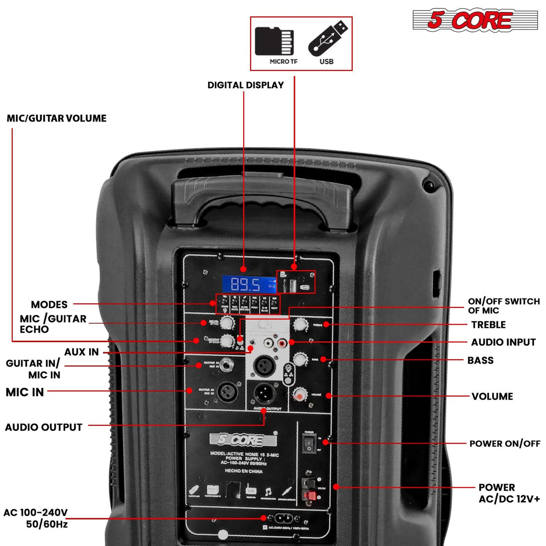 5Core 15 inch PA Portable Bluetooth Party Speaker Karaoke Boombox + 2 Wireless Mics