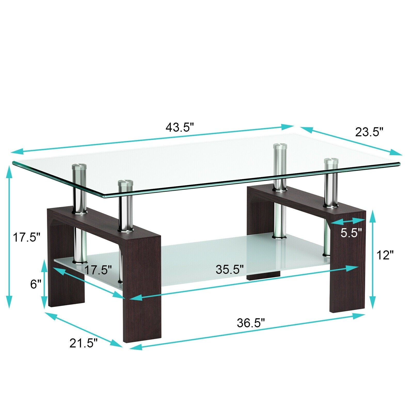 Rectangular Tempered Glass Coffee Table with Shelf-BrownÂ