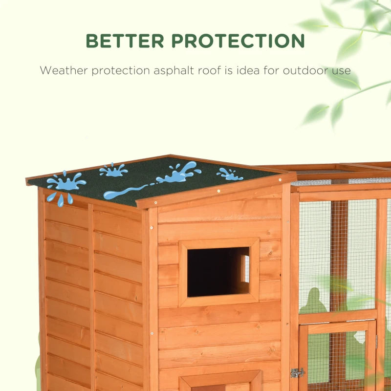 PawHut 68.75" H Cat Cage Large Wooden Outdoor Cat House with Large Run for Play, Catio for Lounging, and Condo Area for Sleeping, Natural