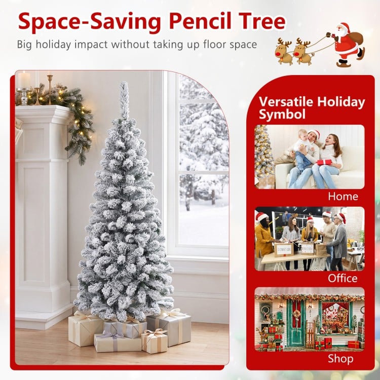 4.5 Feet Unlit Hinged Snow Flocked Artificial Pencil Christmas Tree with 242 Branch