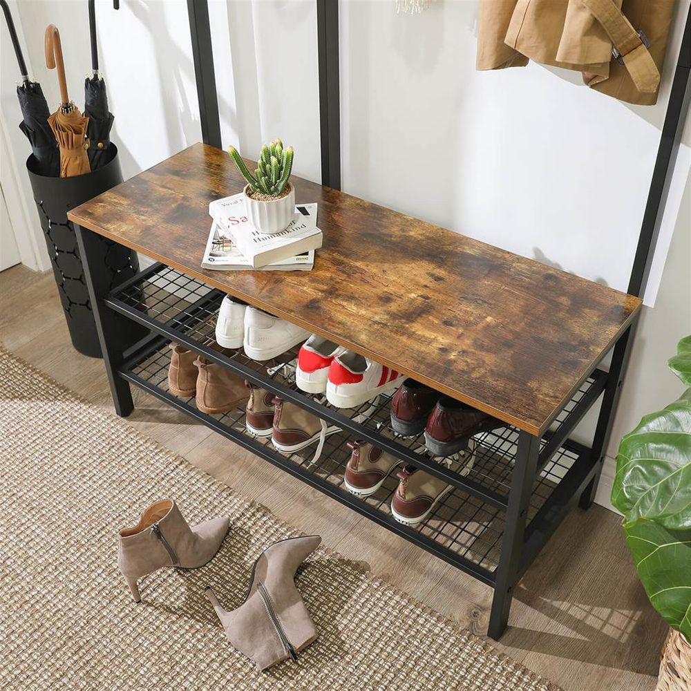 VASAGLE Industrial Coat Rack Shoe Bench with Grid Wall