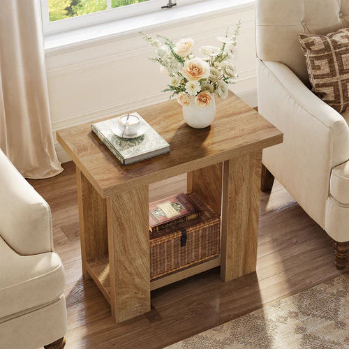 End Table 2-Tier Farmhouse Side Table with Storage Shelves 27.56" Wooden Nightstand for Small Spaces Living Room Bedroom Light Brown