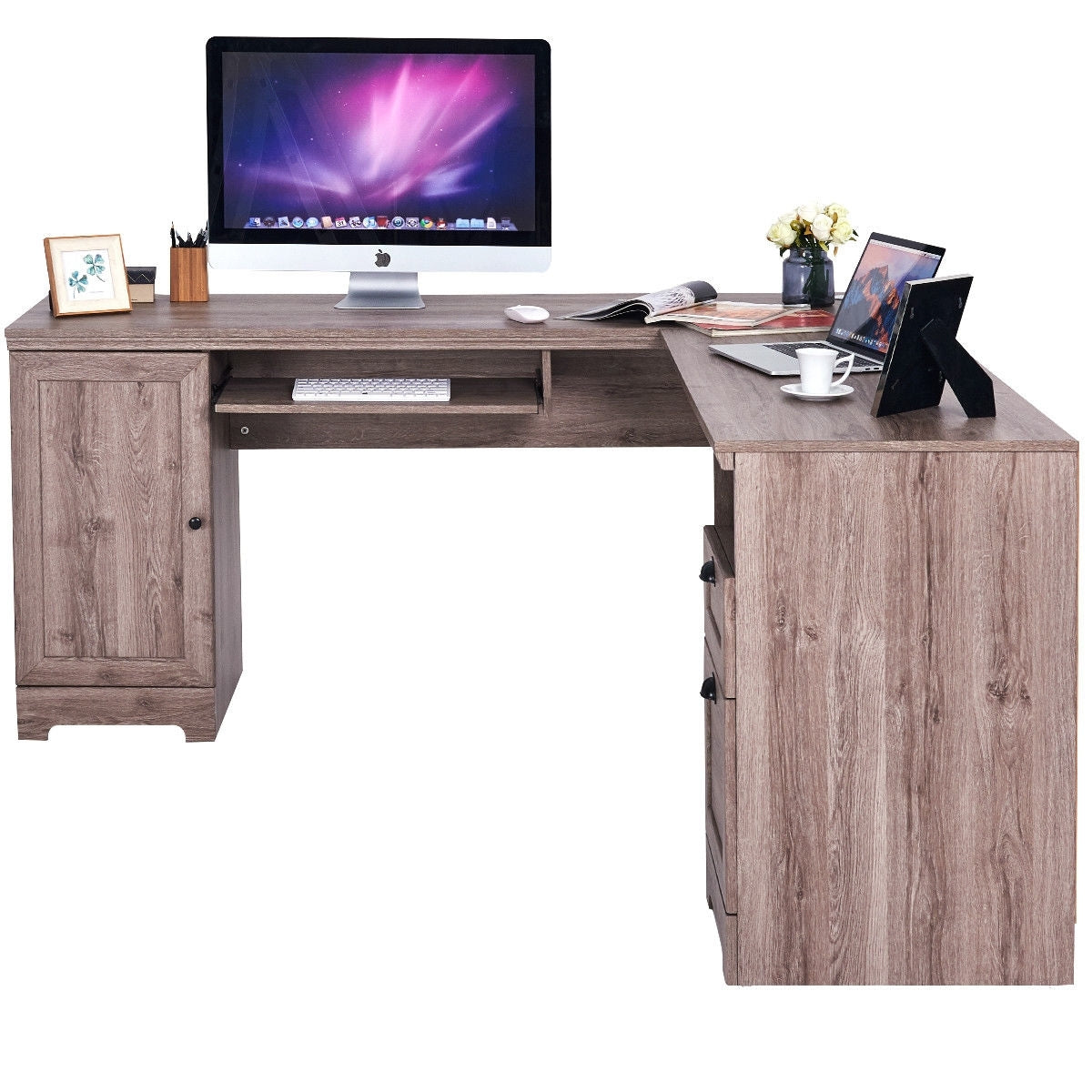 66 Inch L-Shaped Writing Study Workstation Computer Desk with Drawers-GrayÂ
