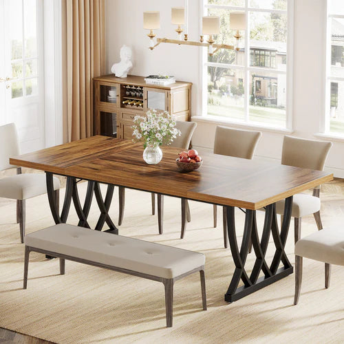 70.8" Dining Table, Rectangular Kitchen Table for 6–8 People with Trestle Base, Industrial Wood Dining Table Brown & White