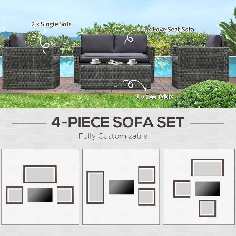 Outsunny 4 Pieces Patio Furniture Set, Rattan Wicker Sofa Deluxe Outdoor Coffee Sectional Set Garden Patio Furniture Sets with Cushions for Porch Garden Poolside Balcony, Grey