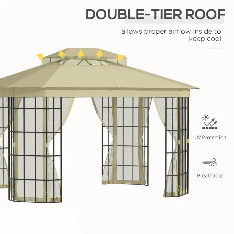 Outsunny 12'x10' Soft-top Patio Gazebo Canopy Steel Gazebo with Double Vented Roof, Mosquito Netting, Beige