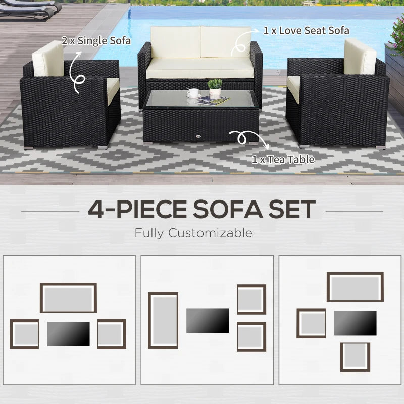 Outsunny 4 Pieces Sectional Patio Furniture Set, Rattan Wicker Patio Chairs Outdoor Coffee Set with Cushions, Cream White