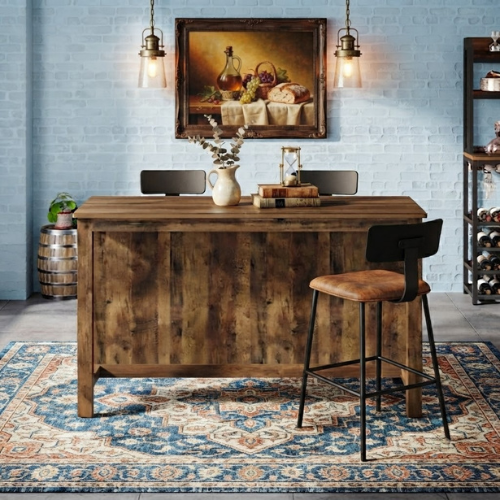 Bar Table 59" Counter Height Pub Table with 3-Tier Storage Shelves for Home Bar Kitchen Dining Room Rustic Brown
