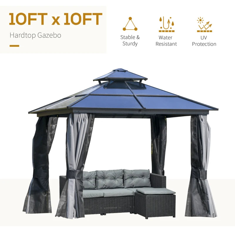 Outsunny 10'x10' Hardtop Patio Gazebo Aluminum Gazebo Deck Canopy with Double Tier Roof, Curtains, Netting Sidewalls, Black & Grey