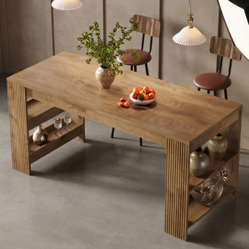63" Kitchen Island, Large Home Bar Table with Double-Sided Storage Shelves, Rustic Wood-Grain Countertop