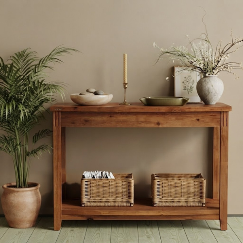 41.34" Solid Wood Console Table, 2-Tier Half-Moon Farmhouse Entryway Sofa Table with Rustic Natural Finish