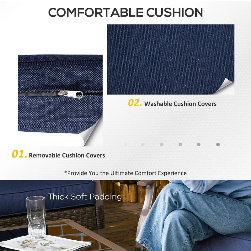 Outsunny 4 PCS Patio PE Rattan Wicker Sofa Set Outdoor Conversation Furniture w/ Two Tier Tea Table & Cushions, Navy Blue