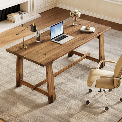 63" Solid Wood Office Desk Farmhouse Executive Computer Desk with Large Work Surface 1.18" Thick Tabletop for Home Office Rustic Natural