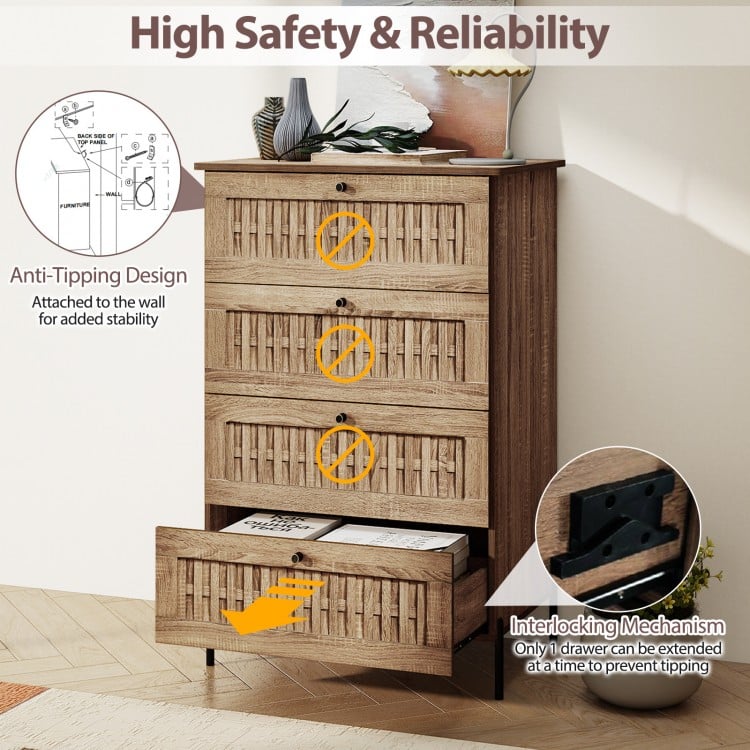 4-Drawer Dresser with Interlocking Mechanism and Metal Legs for Bedroom-Oak