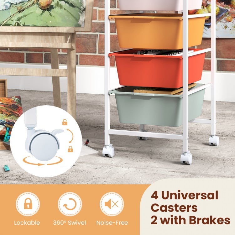 4-Drawer Rolling Storage Cart Mobile Utility Organizer with Wooden Tabletop and Lockable Wheels-Macaron