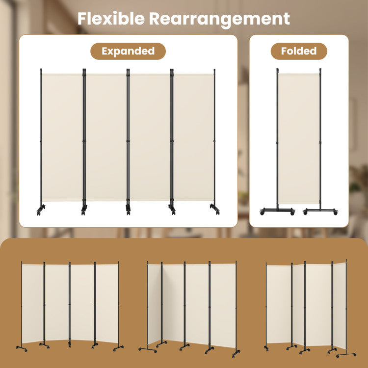 4-Panel Folding Room Divider with Lockable Wheels – Privacy Screen