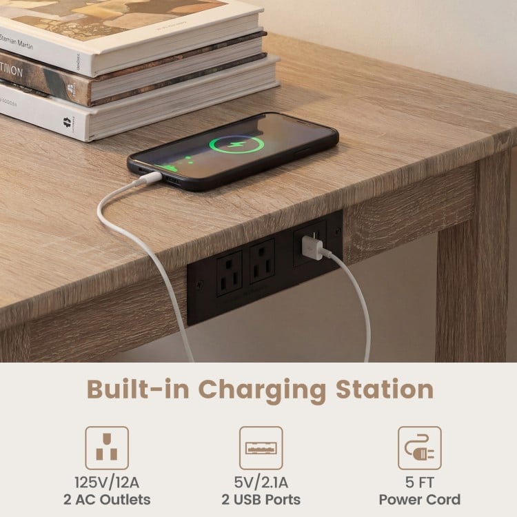 4-Piece Counter Height Dining Table Set with Power Outlet Solid Rubber Wood Kitchen Table-Light Gray