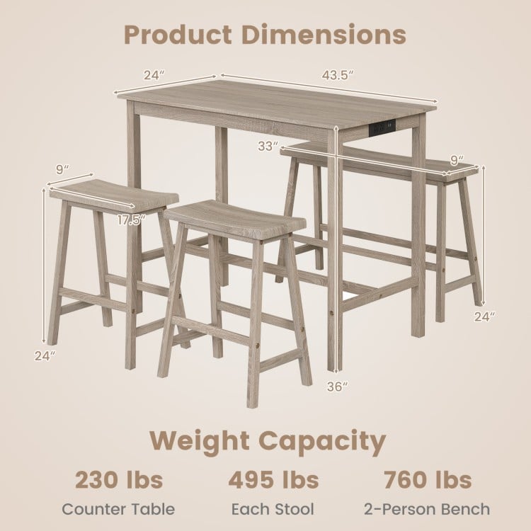 4-Piece Counter Height Dining Table Set with Power Outlet Solid Rubber Wood Kitchen Table-Light Gray