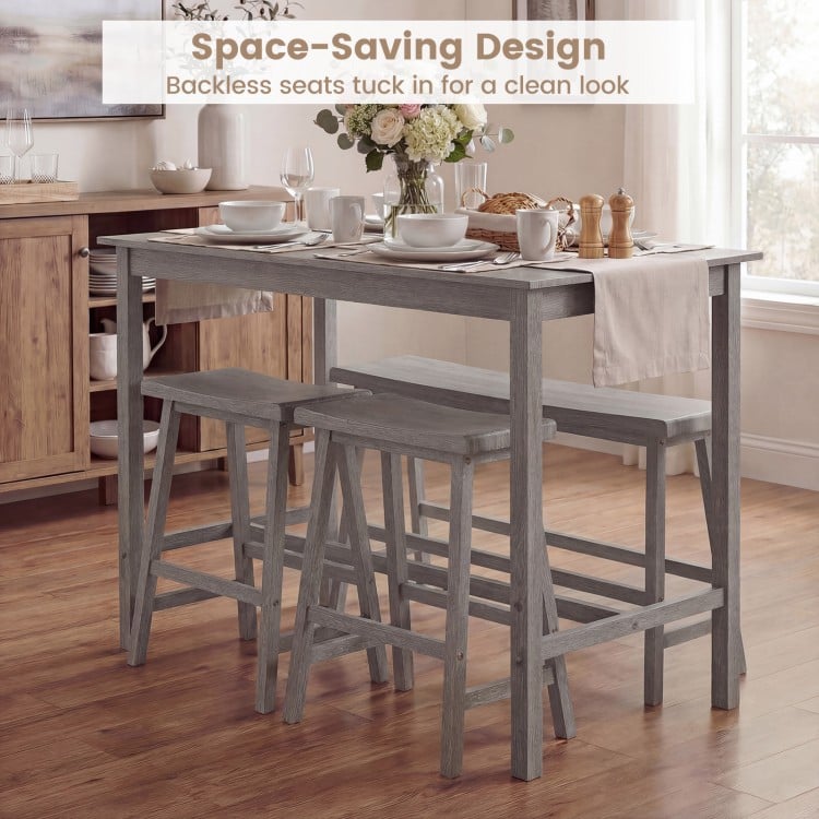 4-Piece Counter Height Dining Table Set with Power Outlet Solid Rubber Wood Kitchen Table-Gray