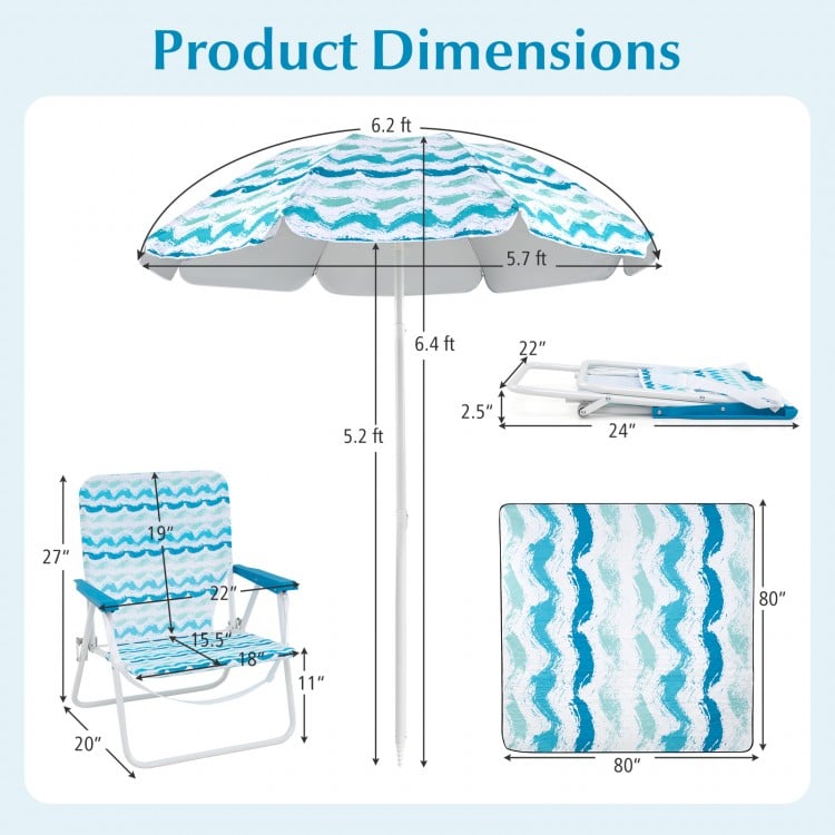 4 Pieces Beach Umbrella Set with 2 Foldable Chairs and Picnic Blanket-Blue