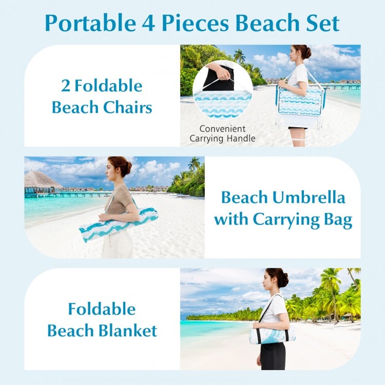 4 Pieces Beach Umbrella Set with 2 Foldable Chairs and Picnic Blanket-Blue