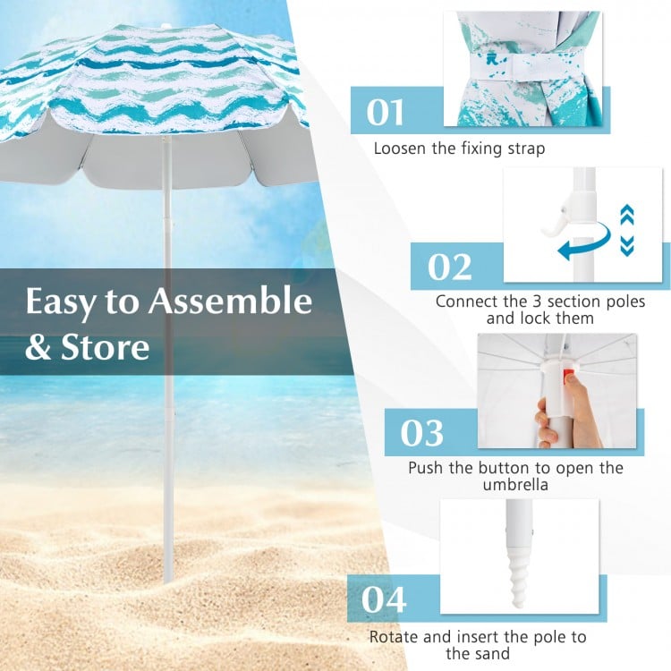 4 Pieces Beach Umbrella Set with 2 Foldable Chairs and Picnic Blanket-Blue