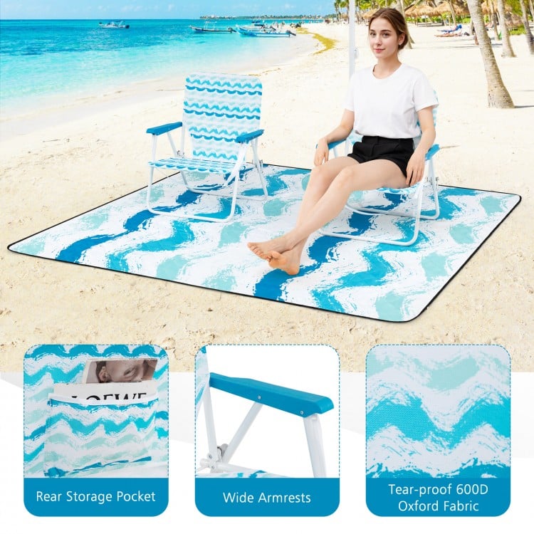 4 Pieces Beach Umbrella Set with 2 Foldable Chairs and Picnic Blanket-Blue