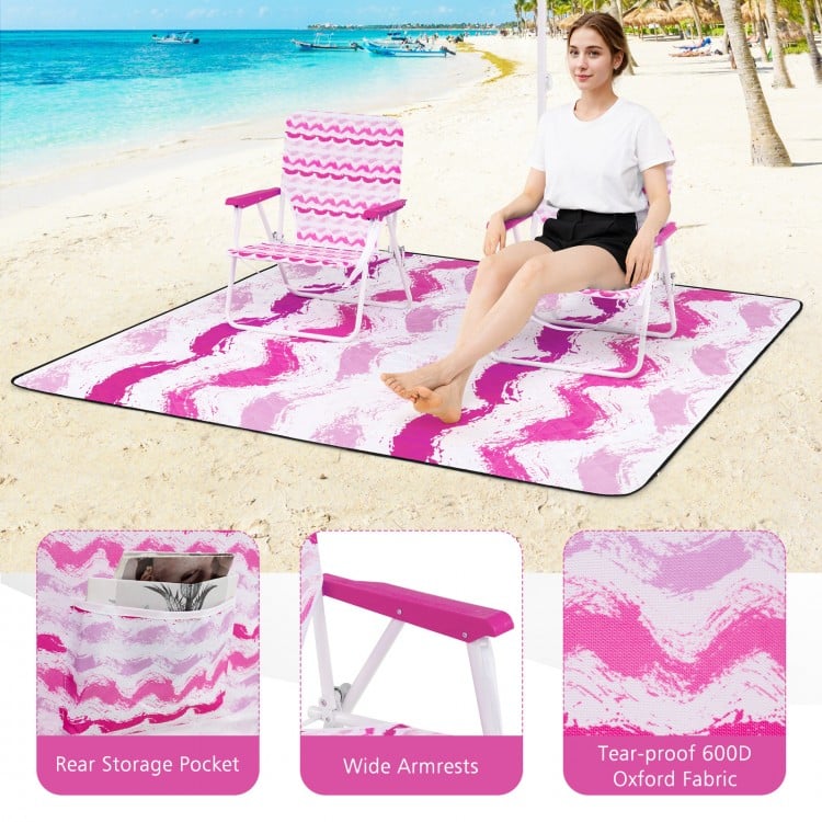 4 Pieces Beach Umbrella Set with 2 Foldable Chairs and Picnic Blanket-Pink