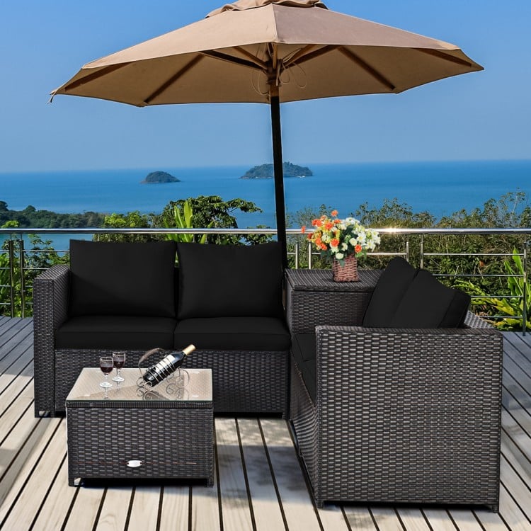 4 Pieces Outdoor Patio Rattan Furniture Set with Loveseat and Storage Box-Black