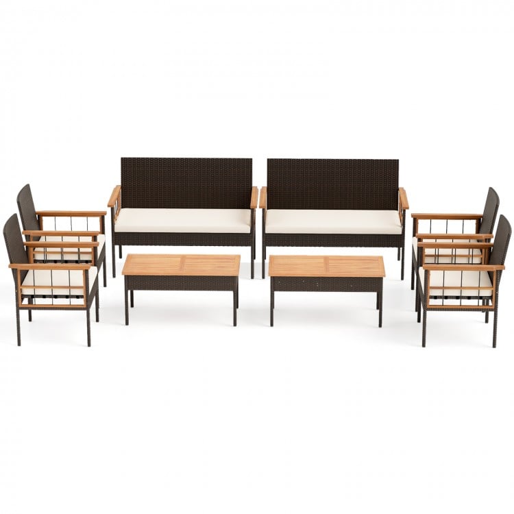 4 Pieces Wicker Furniture Set with Acacia Wood Tabletop and Armrests for Porch-White