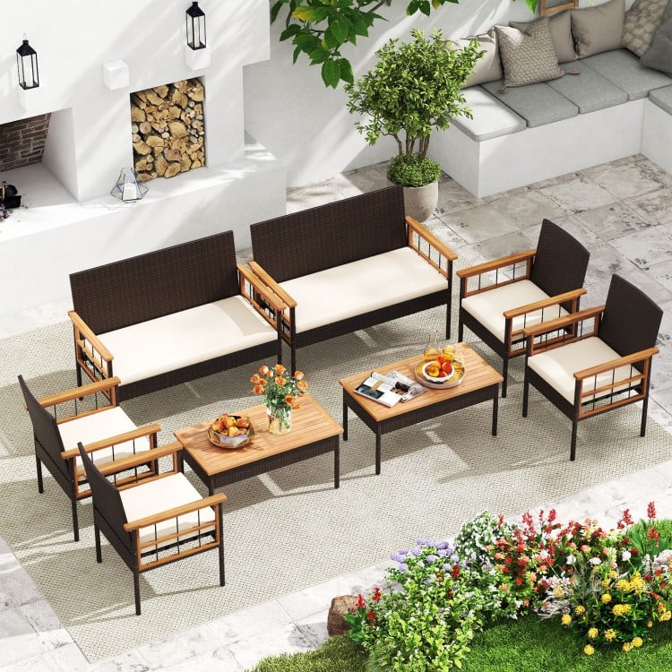 4 Pieces Wicker Furniture Set with Acacia Wood Tabletop and Armrests for Porch-White