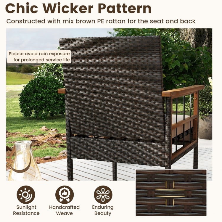 4 Pieces Wicker Furniture Set with Acacia Wood Tabletop and Armrests for Porch-White